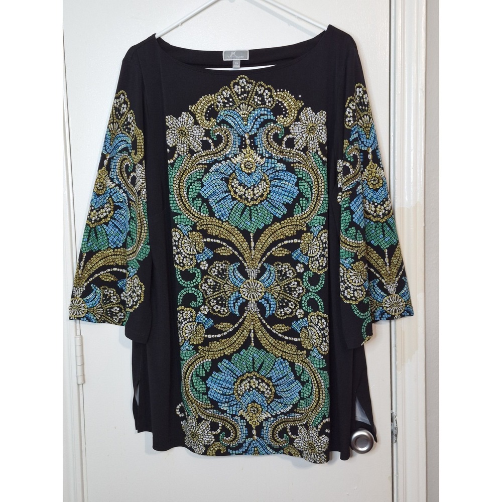 JM Collection Woman 2X Black Paisley Floral Rhinestone Tunic Top Boho Plus Size